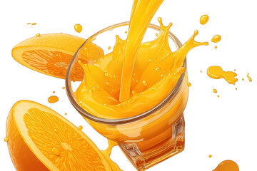 Orange Juice Pouring Into Glass with Sliced Oranges on Transparent Background Refreshing Beverage Concept