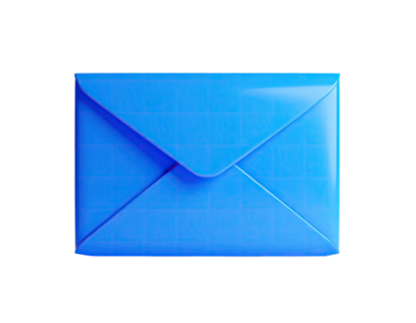 Glossy, azure-blue envelope in a 3D style against a black background