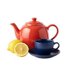 Elegant tea time arrangement featuring a vibrant red teapot, lemons and blue cup, isolated for