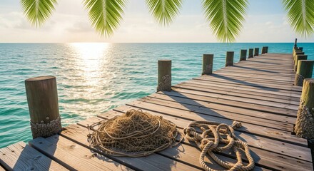Tropical wooden dock stretching out over the calm turquoise ocean water at sunset with fishing net and thick rope under palm fronds