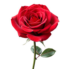 A single red rose with a green stem and leaves isolated against a black background in full bloom created with generated ai