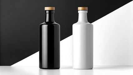 Elegant contrast of black and white bottles reflecting minimal design cut-out isolated on white With shadow. AI GENERATED.