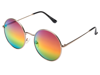 Round metal frame sunglasses featuring vibrant rainbow mirrored lenses and thin temples isolated on transparent background