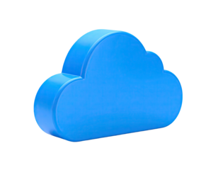 A bright blue, stylized cloud icon with a three-dimensional appearance against a black background