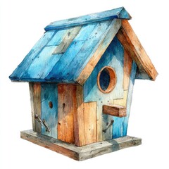 Watercolor birdhouse, weathered wood, vibrant blue roof, charming design