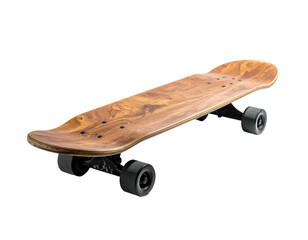 Wooden skateboard, angled, with black wheels against a black background