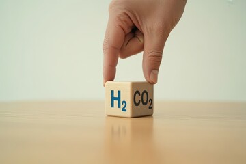 Hand places cube with h2o and co2 symbols for sustainable eco-energy concepts