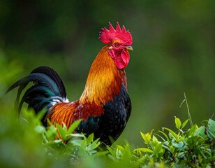 Rooster in Lush Green Foliage.