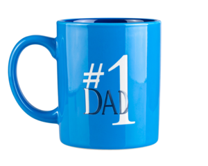 Cutout image of a vibrant blue ceramic coffee cup with “#1 Dad” printed in stylish le 