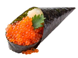 Temaki sushi roll filled with vibrant orange salmon roe (Ikura) and garnish, a Japanese delicacy isolated on transparent background.