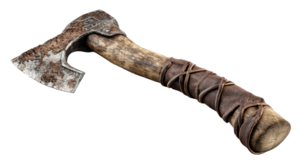 Sharp axe with wooden handle and metal blade for chopping wood and outdoor work isolated on white background for tool display
