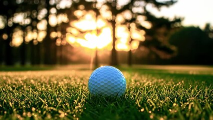 A close-up of a golf ball resting on lush green grass, with a golden sunset and silhouetted trees - Powered by Adobe