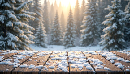 a snowy wooden table with a winter forest background