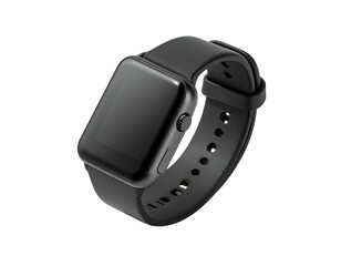 Sleek, modern smartwatch with a square screen and black band, set against black