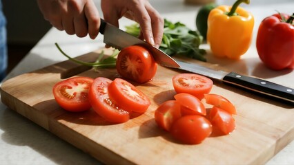 fresh vegetables being chopped on a wooden cutting board in a bright kitchen