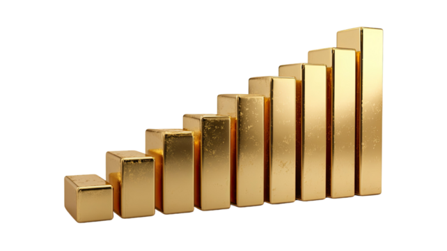 3D rendered shiny gold bar graph with multiple vertical bars representing growth, statistics, and data analysis isolated on white background