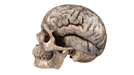 Realistic human skull with detailed bone structure and hollow eye sockets showing anatomy of head skeleton isolated on white background