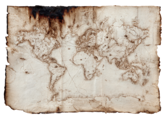 Aged, scorched world map on parchment