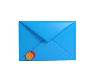 A glossy blue envelope sealed with a red and gold wax stamp on a black background