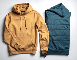 Two apparel items, a hoodie and a quilted vest, laid flat on a white background