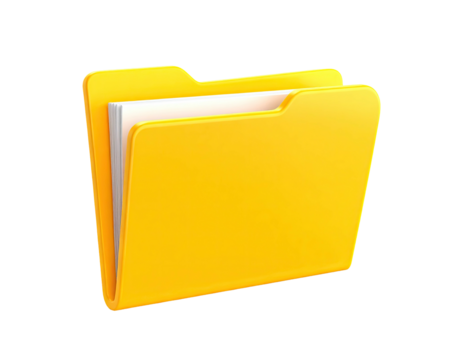 A yellow folder with white papers inside, rendered on a transparent background