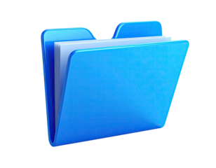 A vibrant, 3D-rendered blue folder, partially open with white documents inside