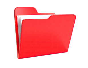 A bright red file folder, holding a stack of white paper, on a black background