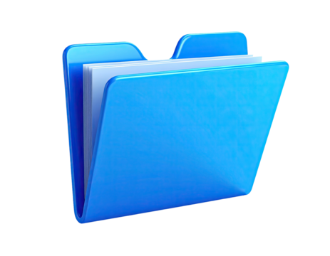 A vibrant, 3D-rendered blue folder, partially open with white documents inside