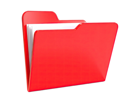 A bright red file folder, holding a stack of white paper, on a black background