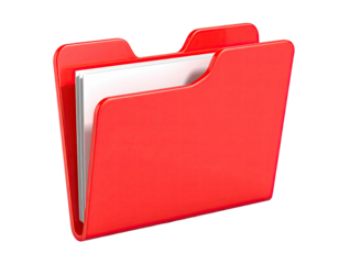 A shiny, red folder containing a stack of white papers, angled view