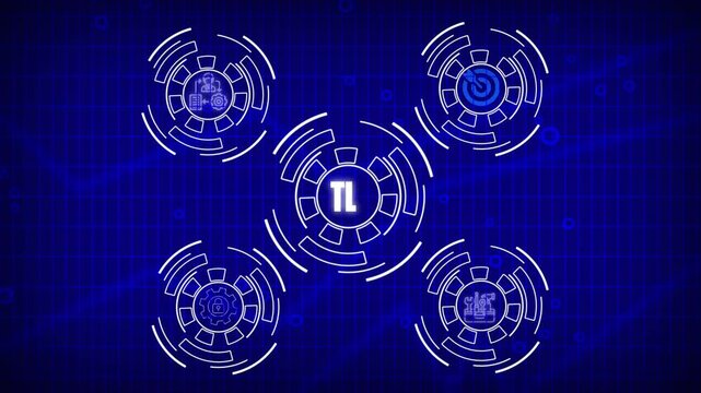 Digital interface with TL initials in center and four circular icons on blue grid background abstract Performance and Management Icons - Acme Series, Businesswoman points 4k video .