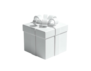 A 3D rendering of a white gift box with a bow, floating on black