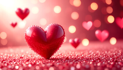 Romantic background with floating hearts and blurry lights. Abstract dreamy image of love and romance