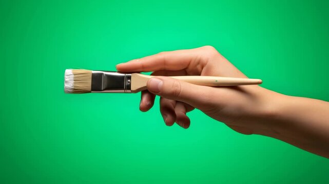 Woman hand holding paint brush on green background moving from right to left, chromakey footage