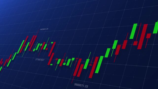 Line stock chart on table grid with blue background featuring green and red candlestick graph showing a strong uptrend, ideal for finance, business growth, and market success.