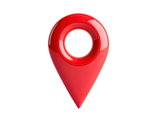3D rendered, glossy red location pin symbol on solid black background