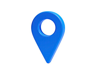 A shiny, blue location marker, rendered in 3D, set against a black background