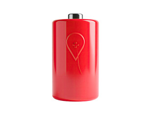 Red battery icon with a location pin, charging, on black background