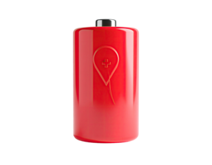 Red battery icon with a location pin, charging, on black background