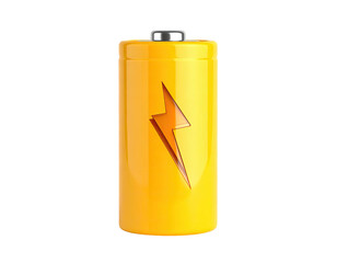 A yellow battery with a lightning bolt symbol, isolated on a black background
