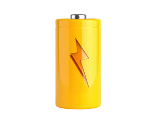 A yellow battery with a lightning bolt symbol, isolated on a black background
