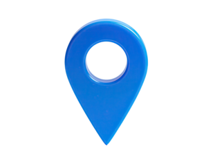 Isolated blue pin symbol, glossy with highlight and drop shadow on black background