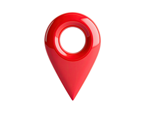 3D rendered, glossy red location pin symbol on solid black background