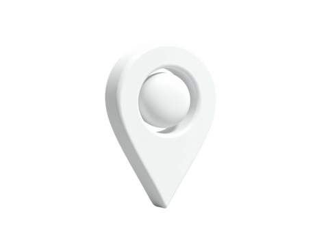 A 3D white location marker, a pin with a spherical inset, floating on black