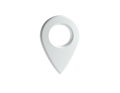 A glossy, white location pin icon with a dark circle on black background