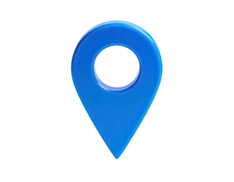 Isolated blue pin symbol, glossy with highlight and drop shadow on black background