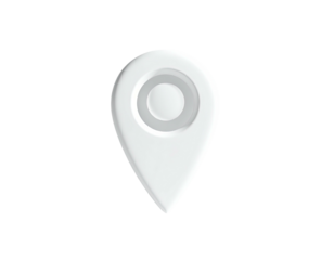 A 3D rendered, glossy white location marker pin floats on a black background