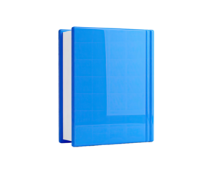 A glossy, light-blue book with open pages against a black background