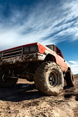 Obraz premium Red Mud Covered Off Road Truck Desert Landscape off-road vehicle