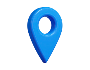 A glossy, 3D-rendered, blue location marker against a stark black background